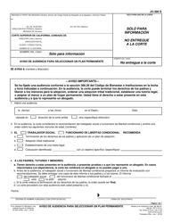 Document preview: Formulario JV-300 Aviso De Audiencia Para Seleccionar Un Plan Permanente - California (Spanish)