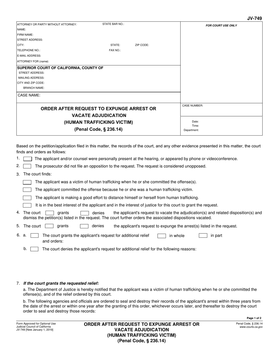 Form JV-749 Order After Request to Expunge Arrest or Vacate Adjudication (Human Trafficking Victim) (Penal Code, 236.14) - California, Page 1