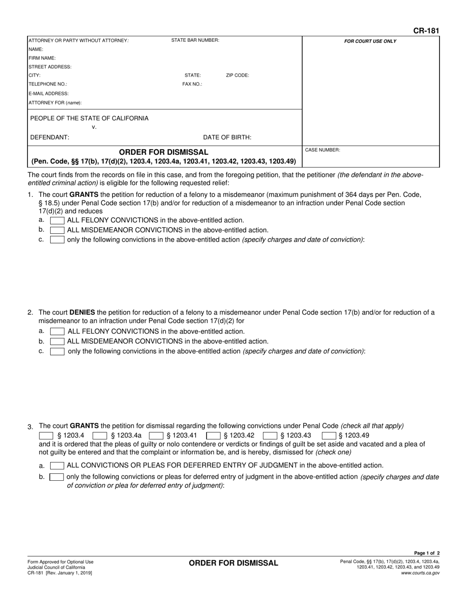 Form CR-181 Order for Dismissal - California, Page 1