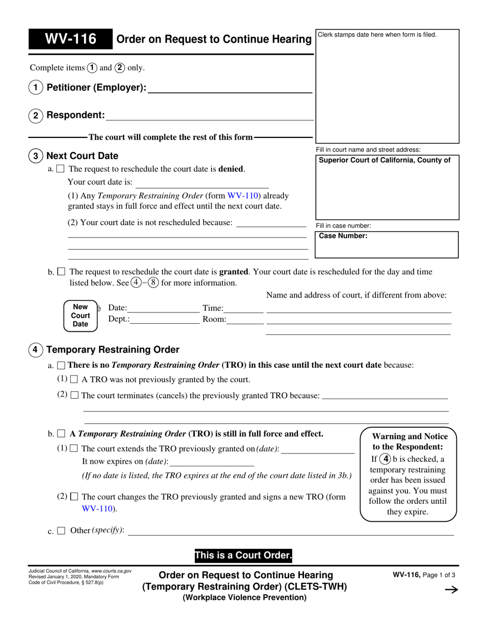 Form WV-116 Order on Request to Continue Hearing (Temporary Restraining Order) (Clets-Twh) (Workplace Violence Prevention) - California, Page 1