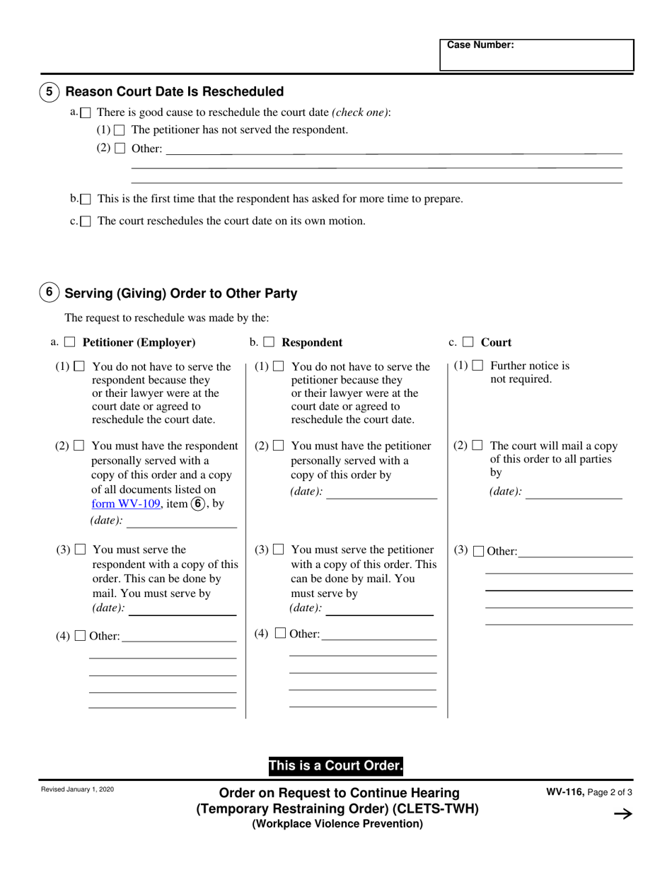 Form WV-116 Order on Request to Continue Hearing (Temporary Restraining Order) (Clets-Twh) (Workplace Violence Prevention) - California, Page 2