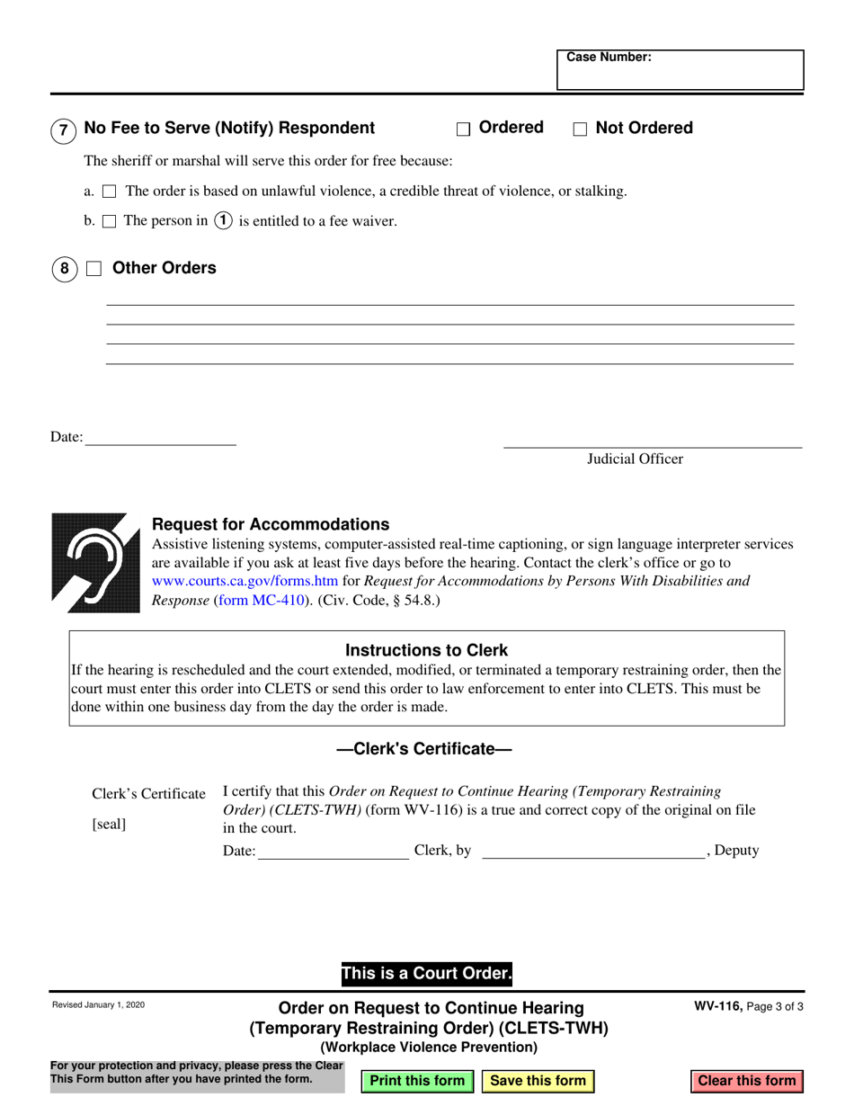 Form WV-116 Order on Request to Continue Hearing (Temporary Restraining Order) (Clets-Twh) (Workplace Violence Prevention) - California, Page 3