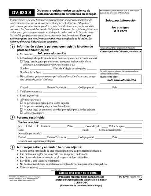 Formulario DV-630 Orden Para Registrar Orden Canadiense De Proteccion/Restriccion De Violencia En El Hogar - California (Spanish)
