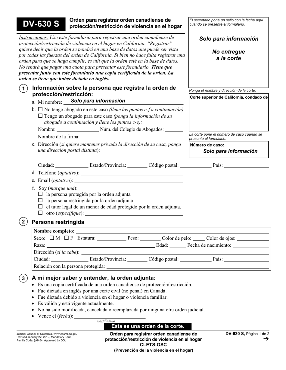 Formulario DV-630 Orden Para Registrar Orden Canadiense De Proteccion / Restriccion De Violencia En El Hogar - California (Spanish), Page 1