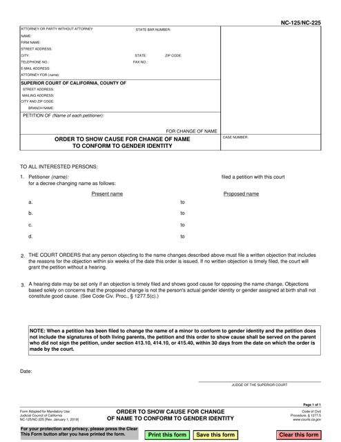 Form NC-125 (NC-225) Order to Show Cause for Change of Name to Conform to Gender Identity - California