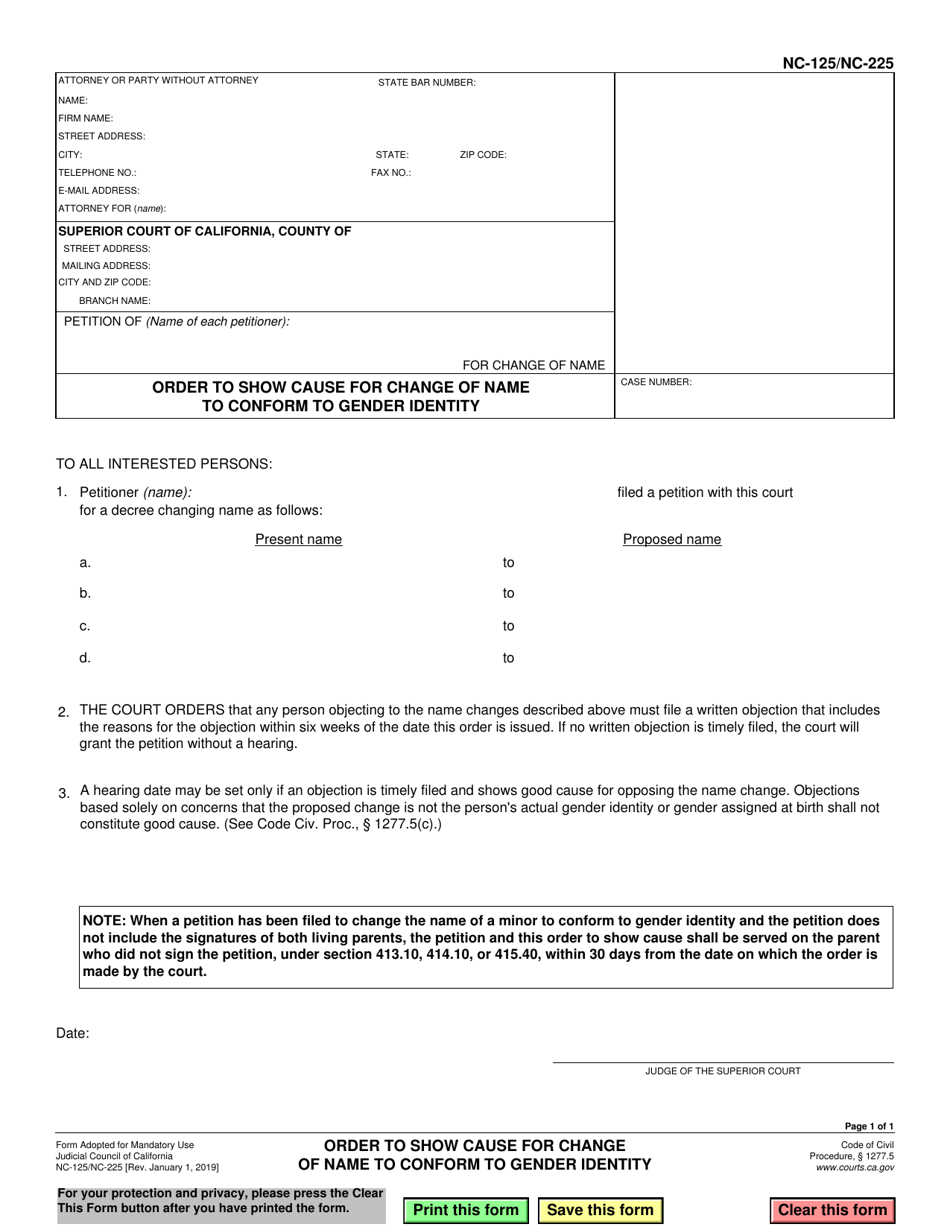 Form NC-125 (NC-225) Order to Show Cause for Change of Name to Conform to Gender Identity - California, Page 1