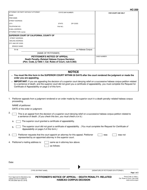 Form HC-200 Petitioner's Notice of Appeal Death Penalty-Related Habeas Corpus Decision - California