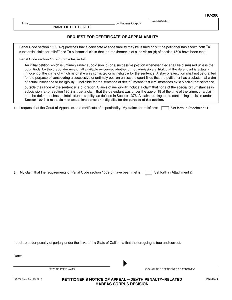 Form HC-200 Petitioners Notice of Appeal Death Penalty-Related Habeas Corpus Decision - California, Page 2
