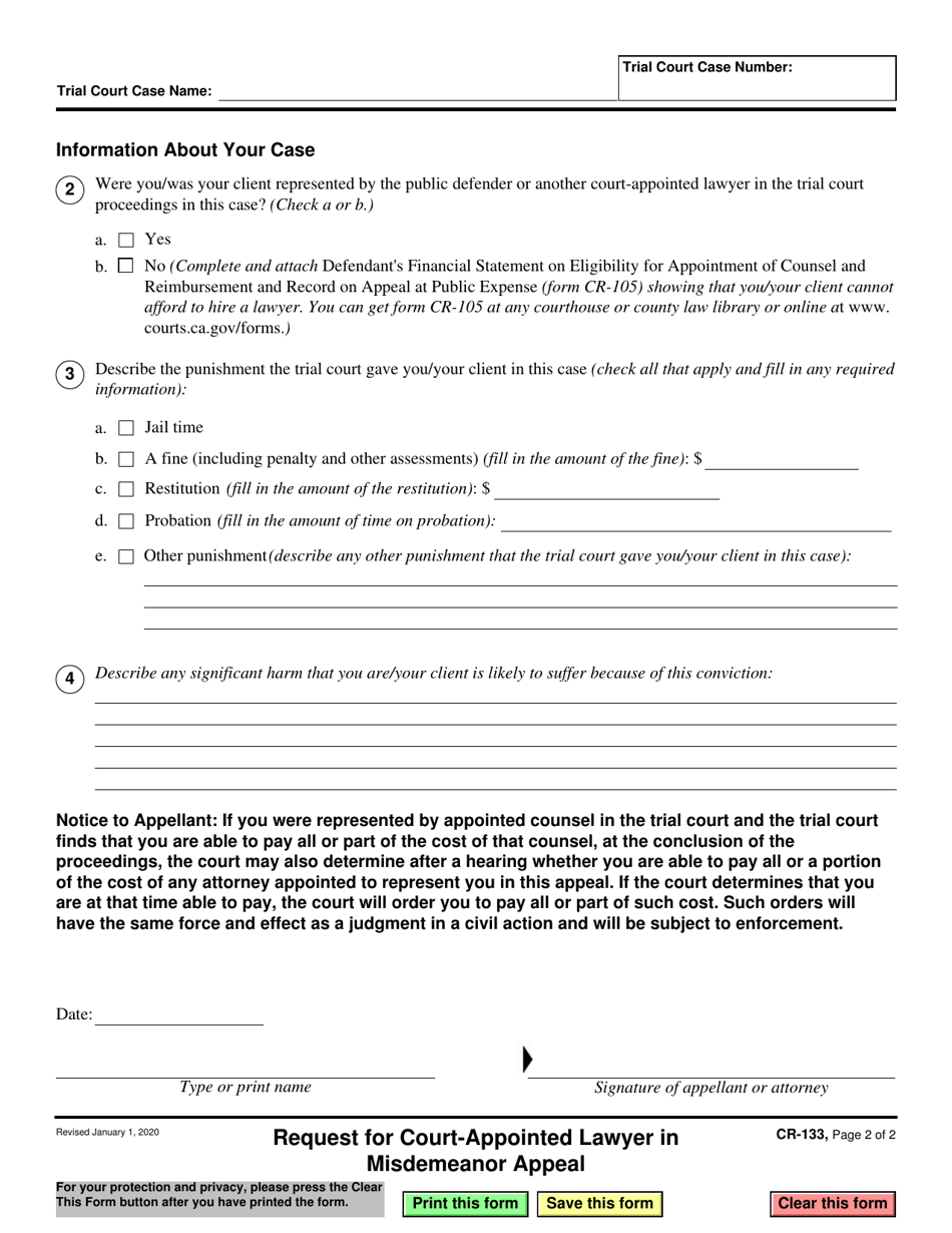 Form CR-133 Request for Court-Appointed Lawyer in Misdemeanor Appeal - California, Page 2