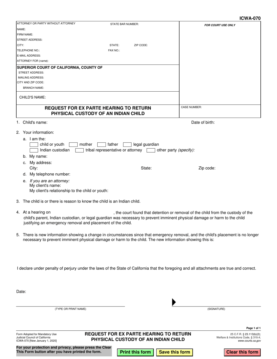 Form ICWA-070 Request for Ex Parte Hearing to Return Physical Custody of an Indian Child - California, Page 1