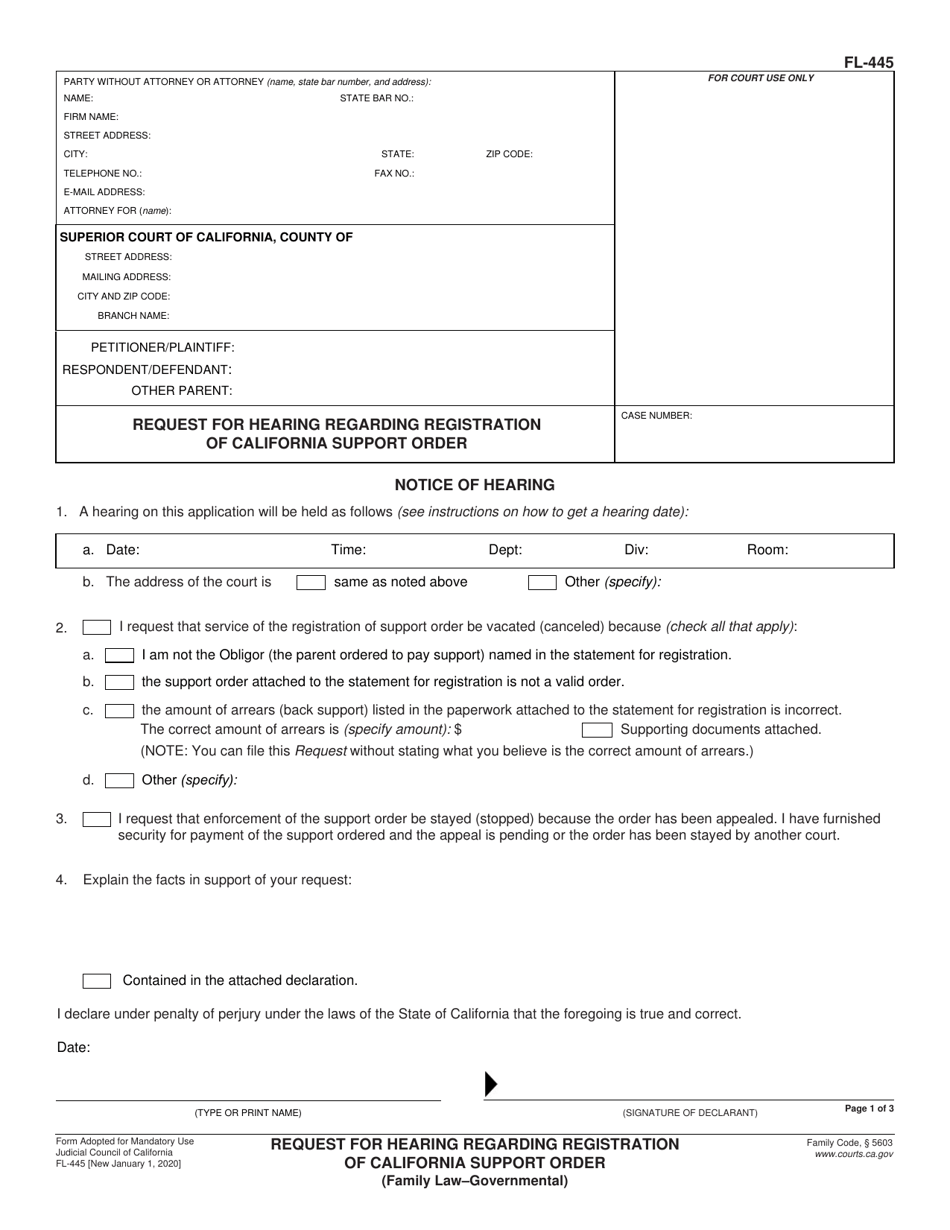 Form FL-445 Request for Hearing Regarding Registration of California Support Order - California, Page 1