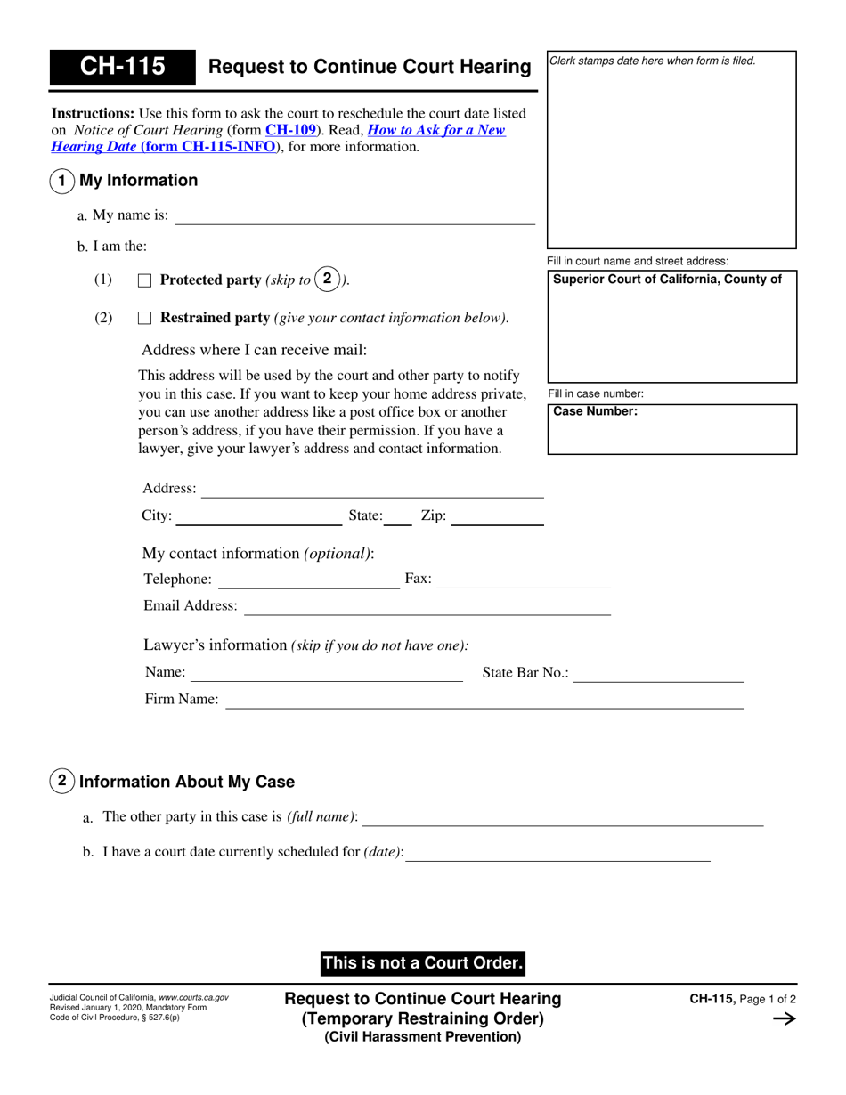Form CH-115 Request to Continue Court Hearing (Temporary Restraining Order) (Civil Harassment Prevention) - California, Page 1