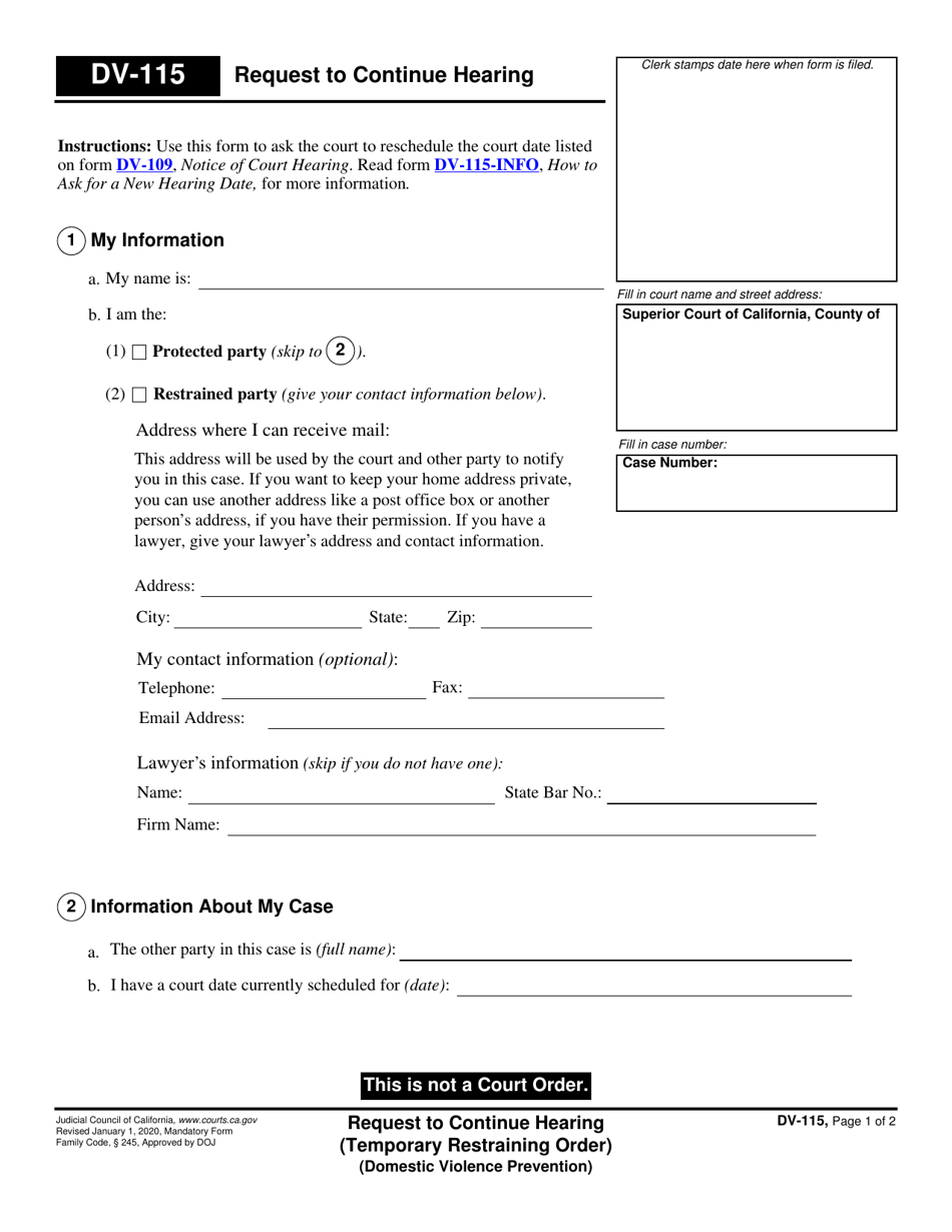 Form DV-115 Request to Continue Hearing - California, Page 1