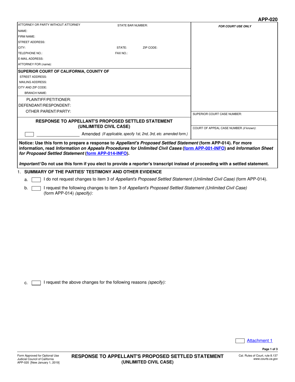 Form APP-020 Response to Appellant's Proposed Settled Statement (Unlimited Civil Case) - California, Page 1