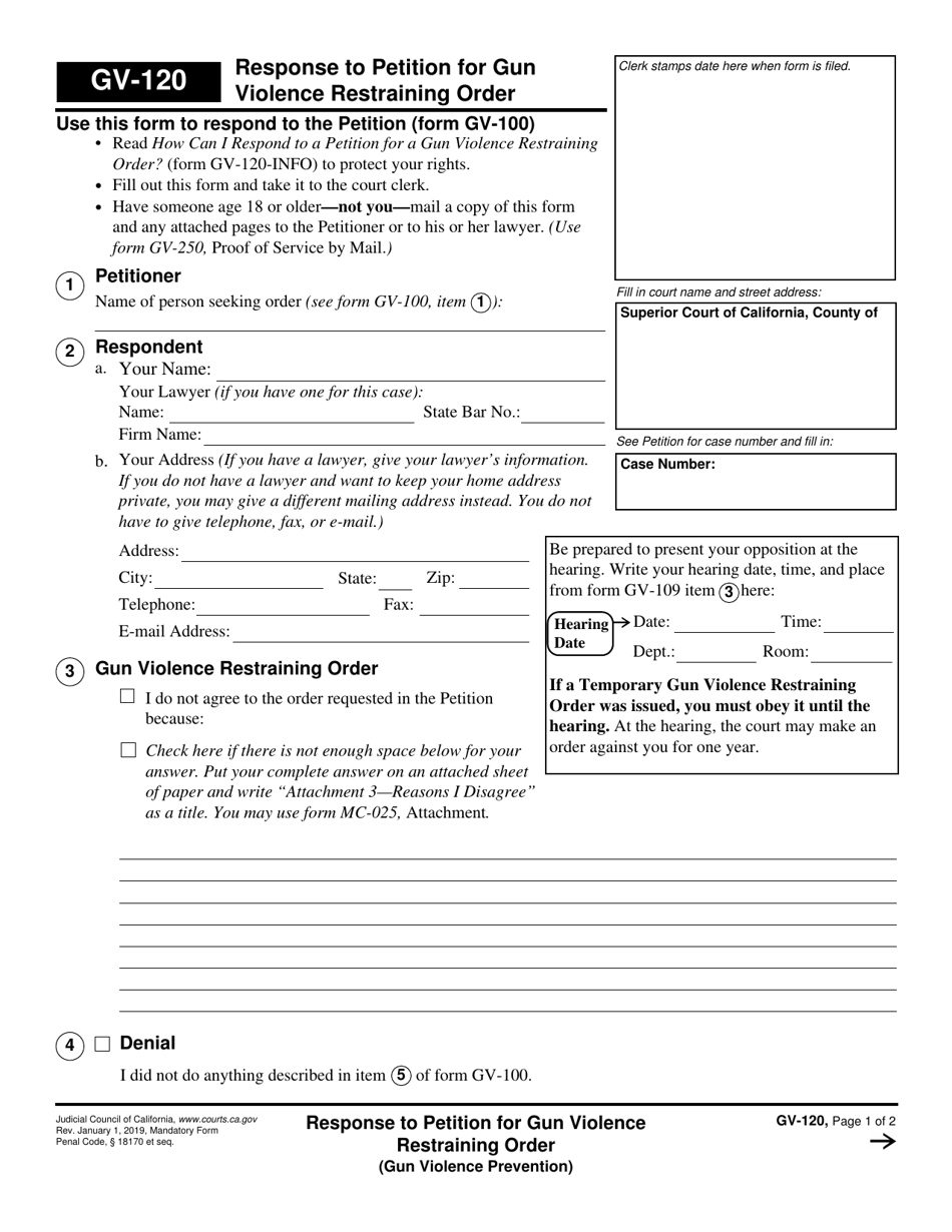 Form GV-120 Response to Petition for Gun Violence Restraining Order - California, Page 1
