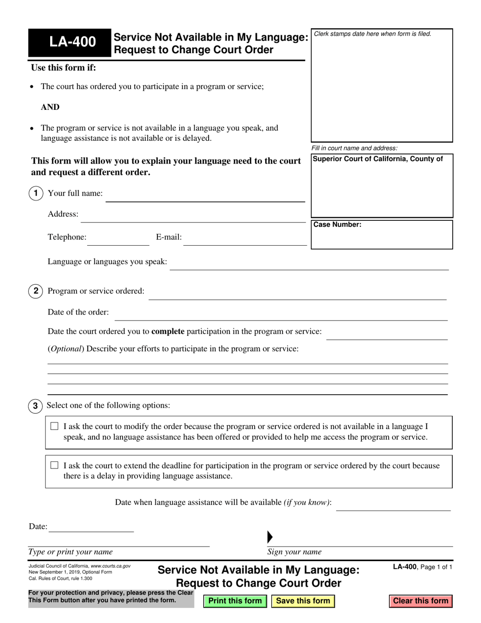 Form LA-400 Service Not Available in My Language: Request to Change Court Order - California, Page 1