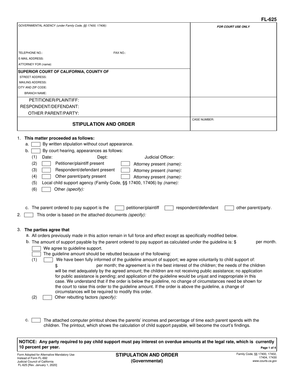 Form FL-625 Stipulation and Order (Governmental) - California, Page 1
