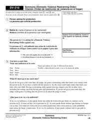 Form DV-210 Summons (Domestic Violence Restraining Order) - California (English/Spanish)
