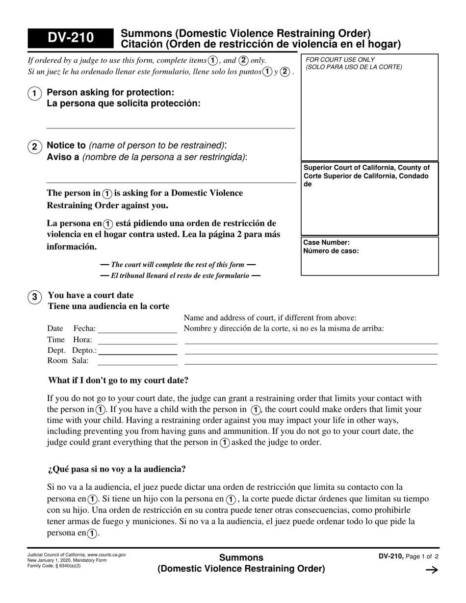 Form DV-210 Summons (Domestic Violence Restraining Order) - California (English / Spanish), Page 1