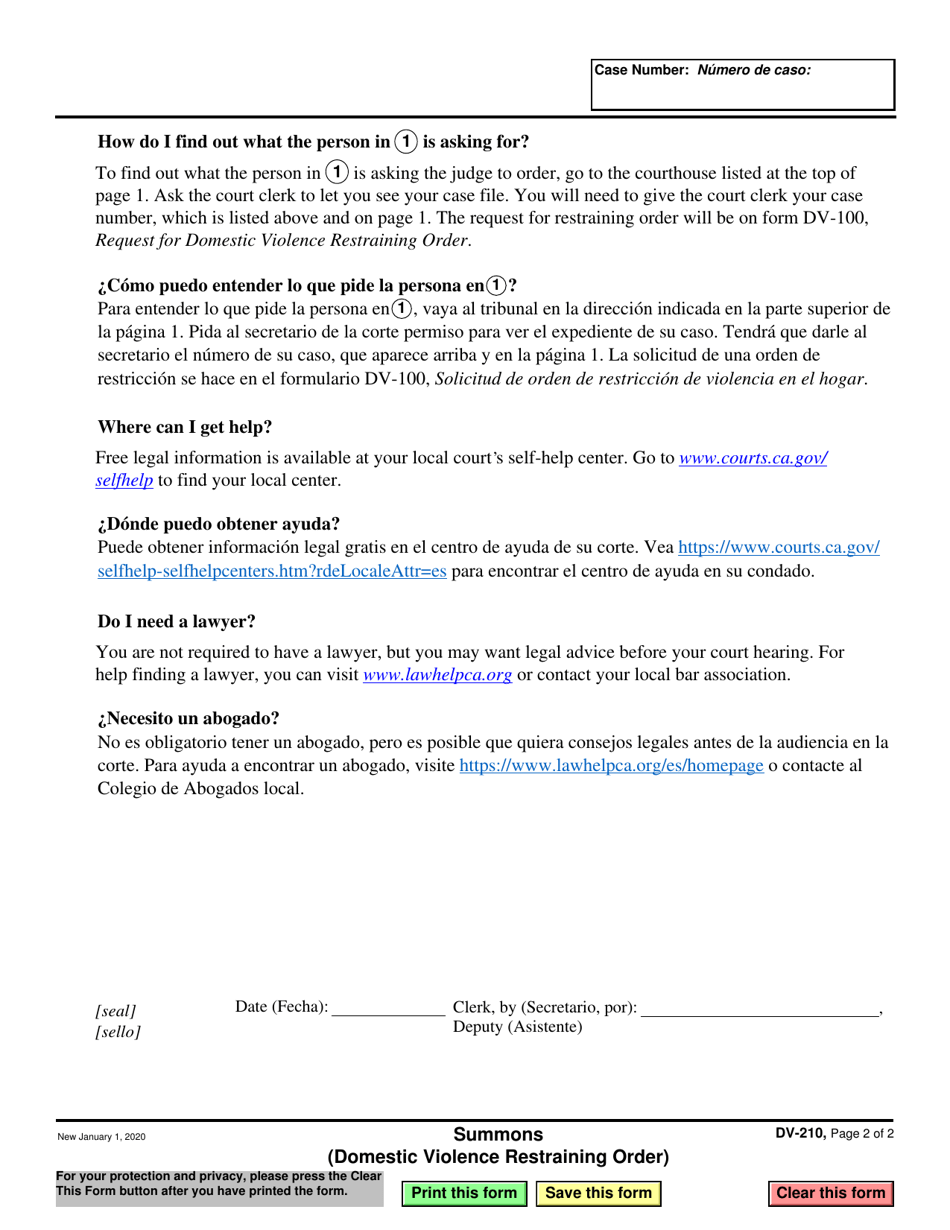 Form DV-210 Summons (Domestic Violence Restraining Order) - California (English / Spanish), Page 2