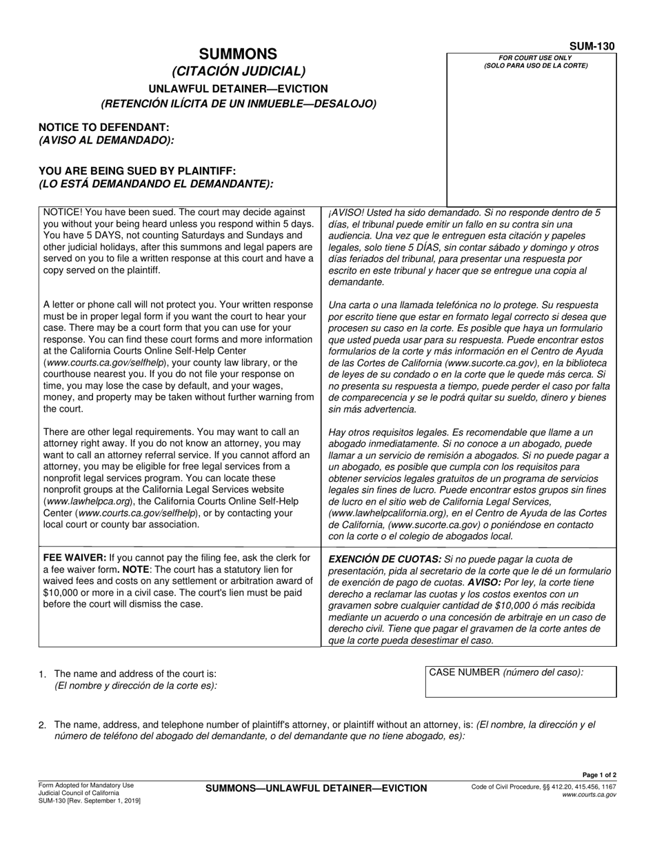 Form SUM-130 Summons - Unlawful Detainer - Eviction - California (English / Spanish), Page 1