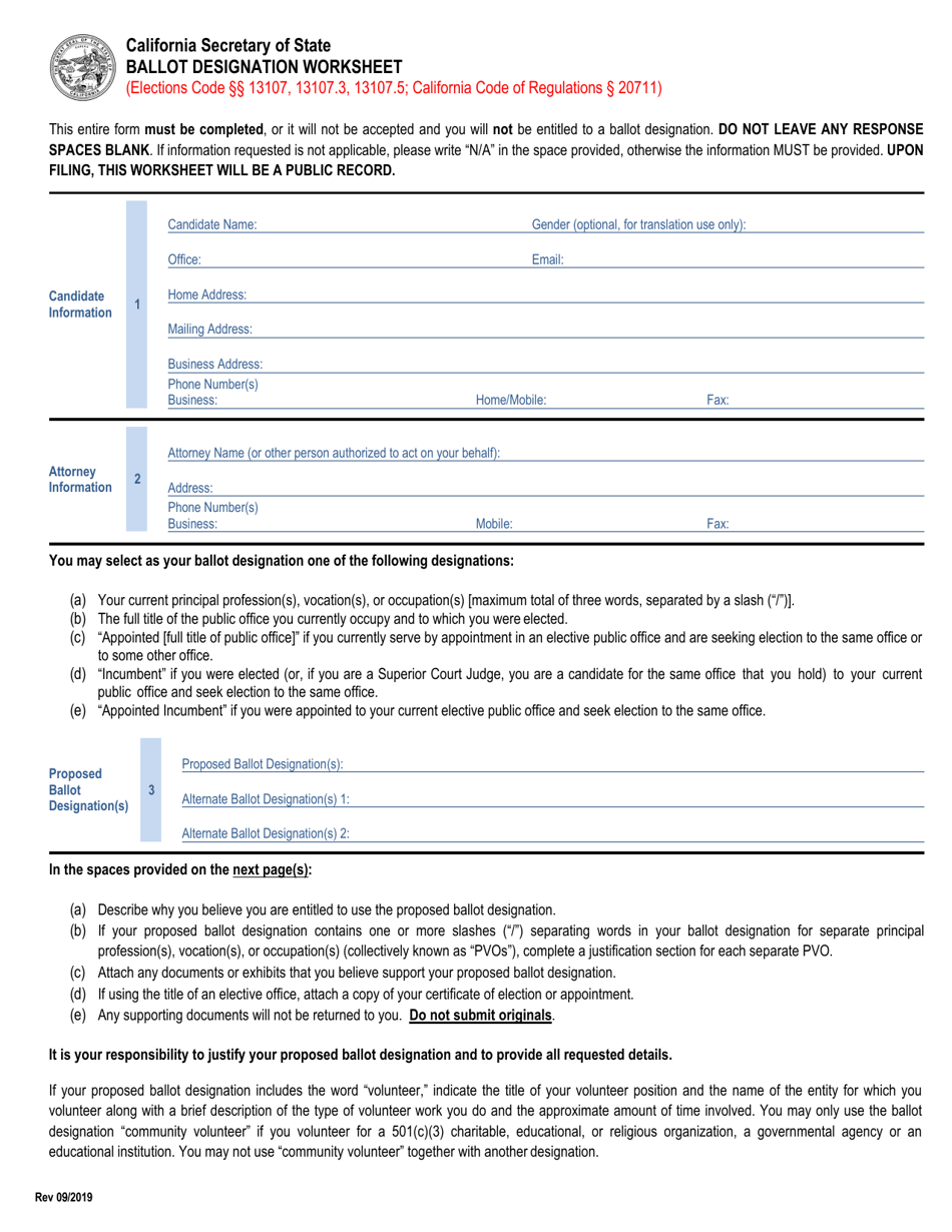 Ballot Designation Worksheet - California, Page 1