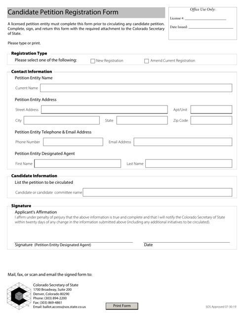 Candidate Petition Registration Form for Licensed Entities - Colorado Download Pdf