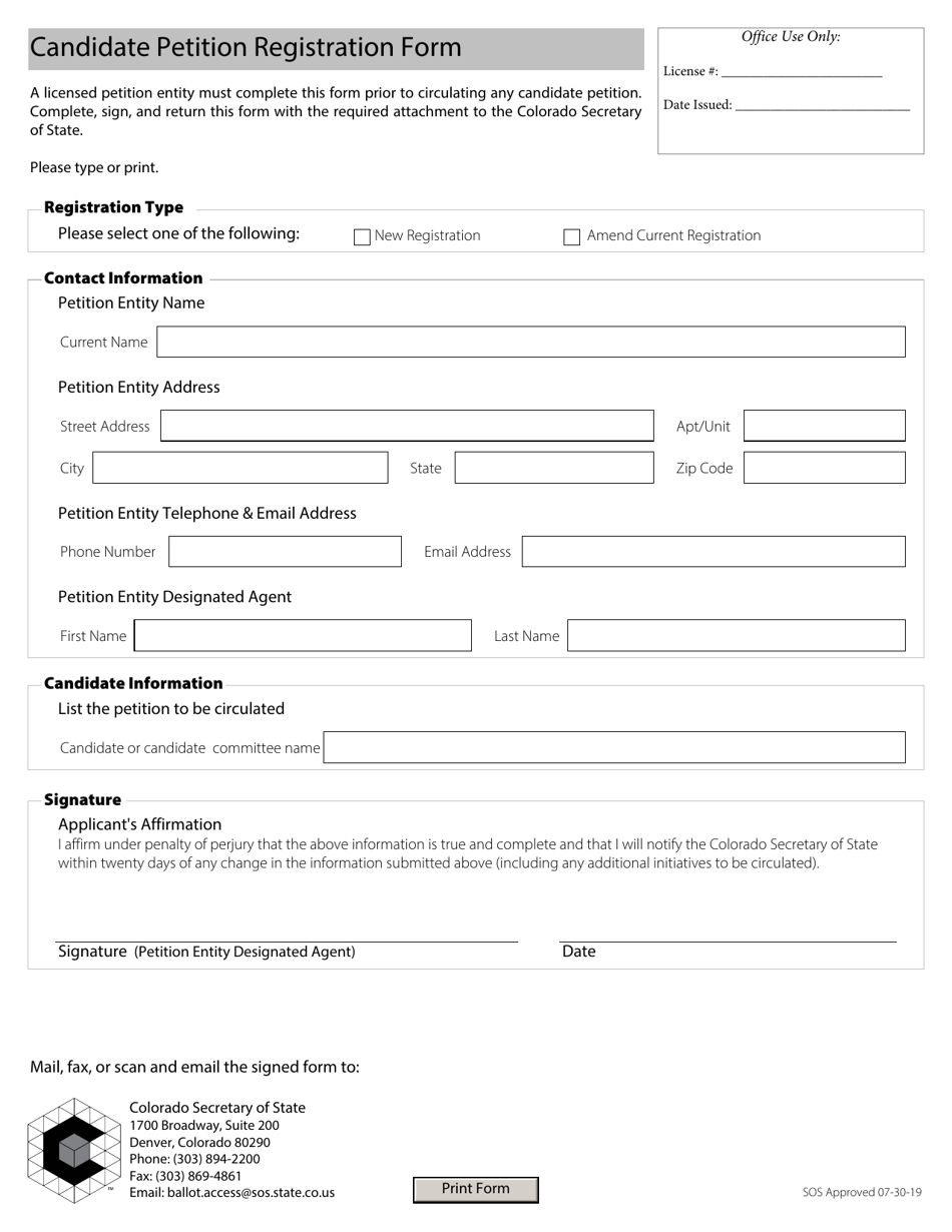 Candidate Petition Registration Form for Licensed Entities - Colorado, Page 1