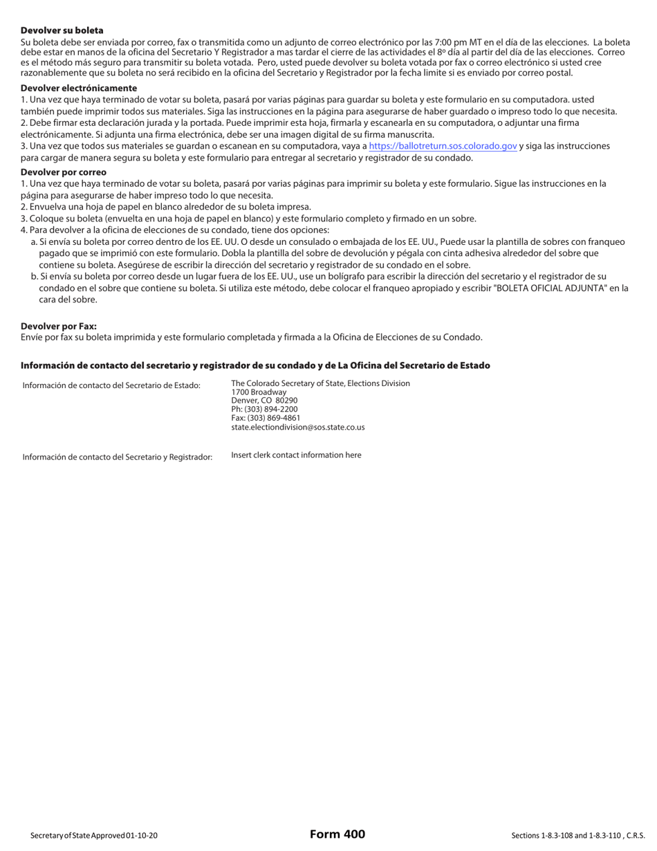 Formulario 400 Declaracion Jurada Y Portada De Uocava - Colorado (Spanish), Page 2