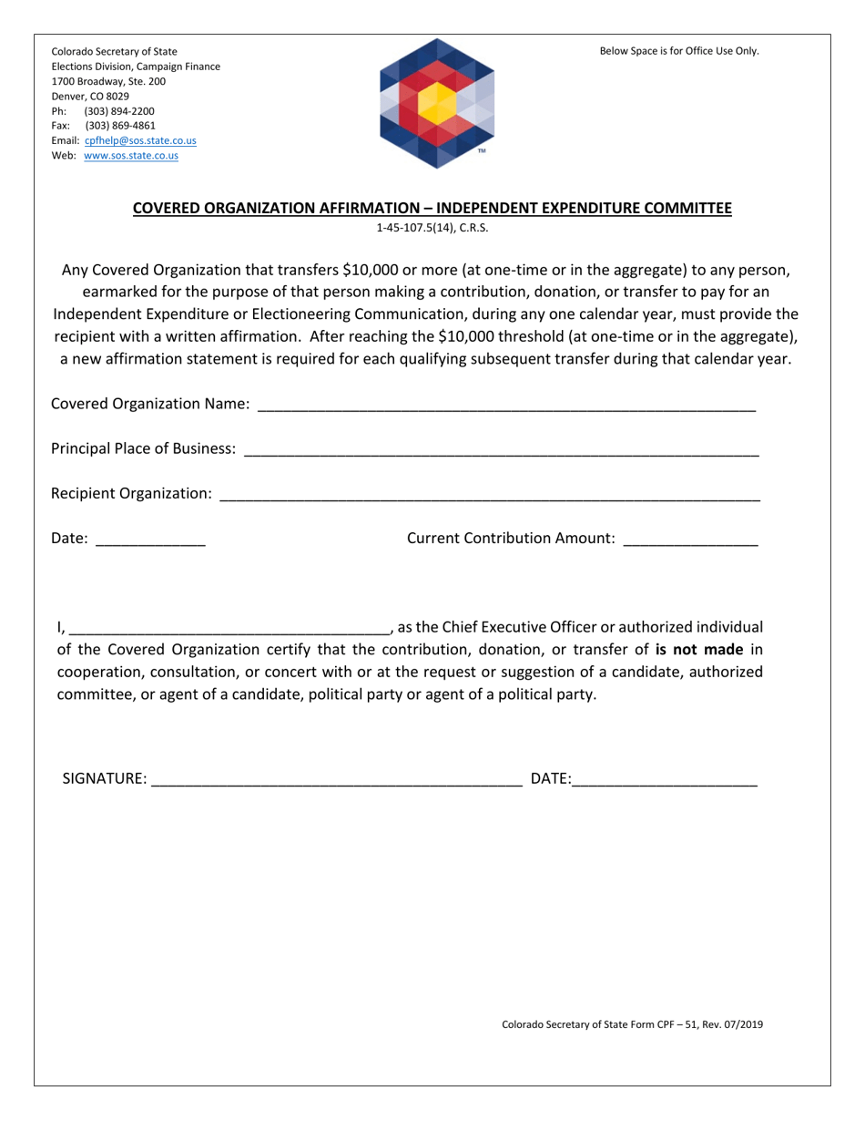 Form CPF-51 Covered Organization Affirmation - Independent Expenditure Committee - Colorado, Page 1