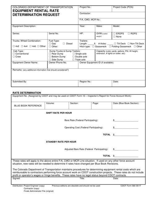 CDOT Form 580 Equipment Rental Rate Determination Request - Colorado