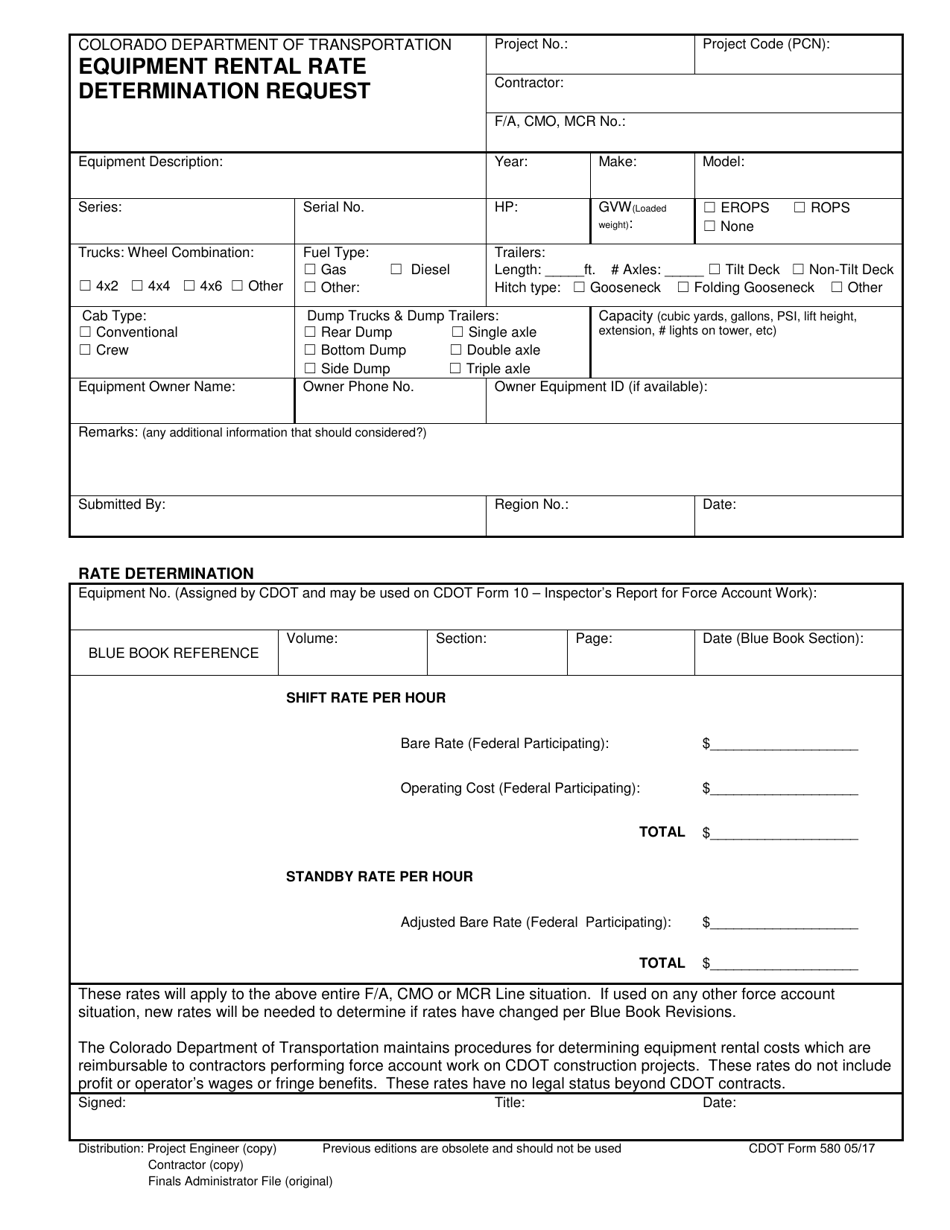 CDOT Form 580 Equipment Rental Rate Determination Request - Colorado, Page 1