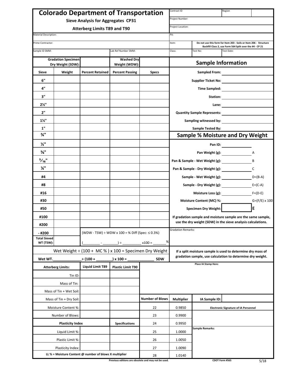 CDOT Form 565 Sieve Analysis for Aggregates Not Split on the No 4 Sieve - Colorado, Page 1