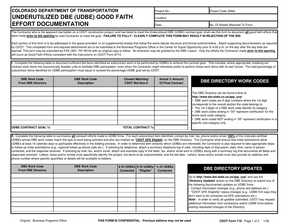 CDOT Form 718 Underutilized Dbe (Udbe) Good Faith Effort Documentation - Colorado, Page 1