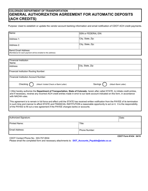 CDOT Form 1434 General Authorization Agreement for Automatic Deposits (ACH Credits) - Colorado