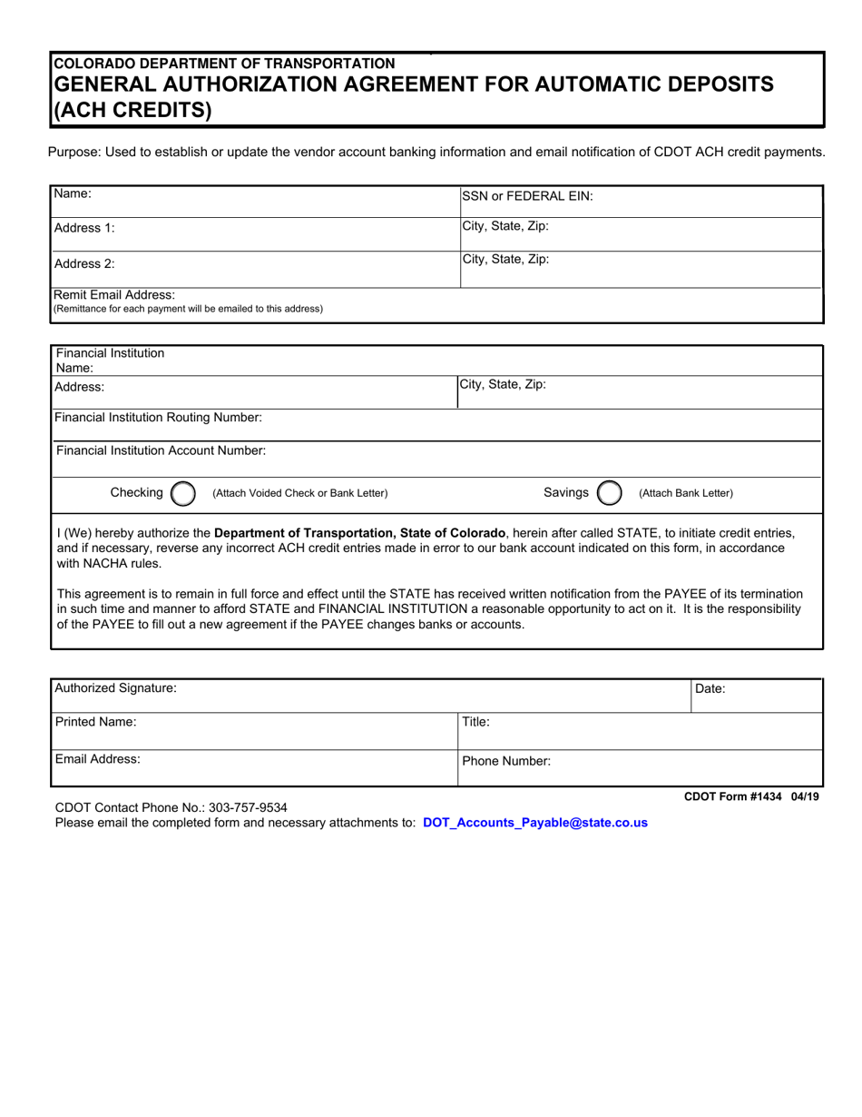 CDOT Form 1434 General Authorization Agreement for Automatic Deposits (ACH Credits) - Colorado, Page 1