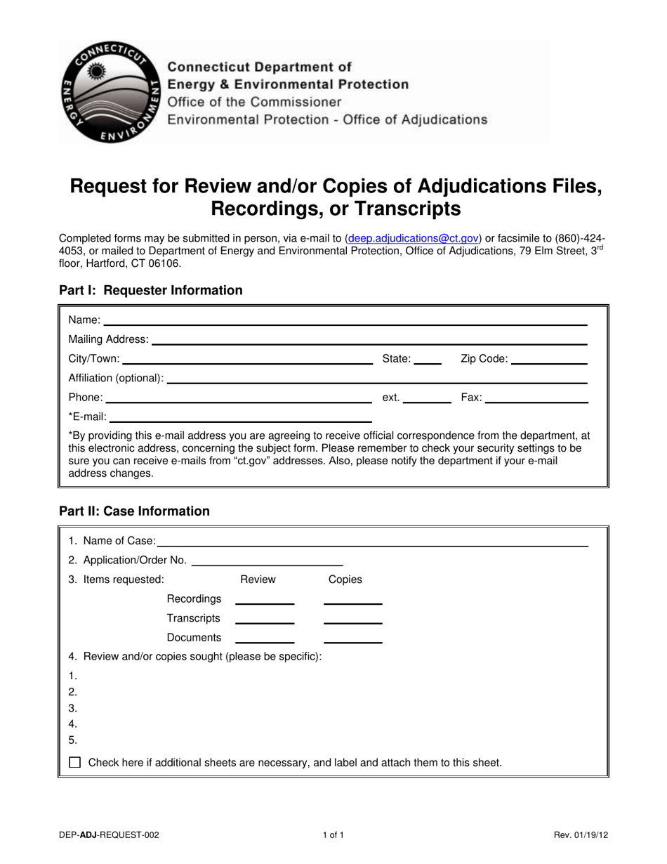 Form DEP-ADJ-REQUEST-002 Request for Review and / or Copies of Adjudications Files, Recordings, or Transcripts - Connecticut, Page 1