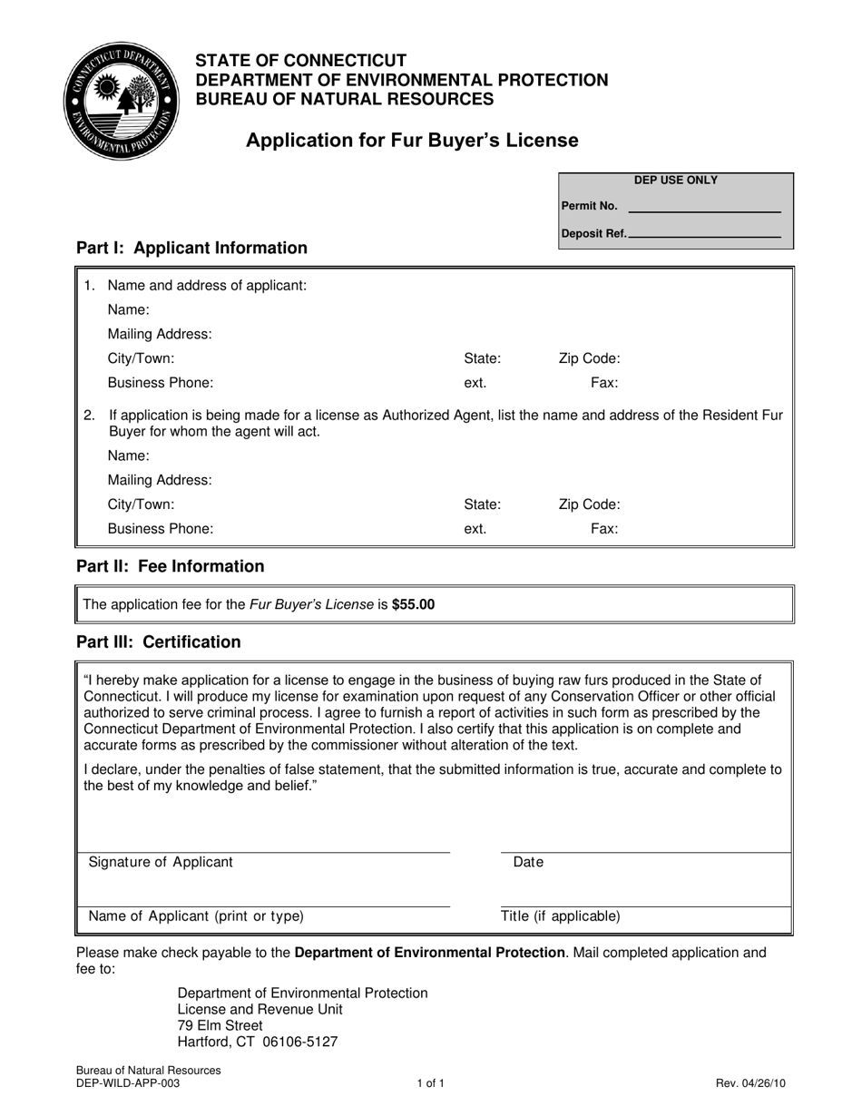 Form DEP-WILD-APP-003 Application for Fur Buyer's License - Connecticut, Page 1