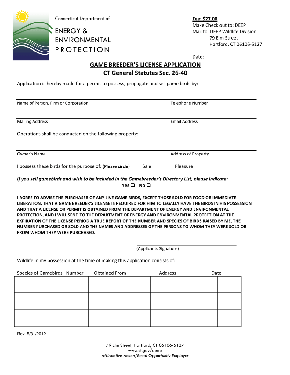 Game Breeders License Application - Connecticut, Page 1
