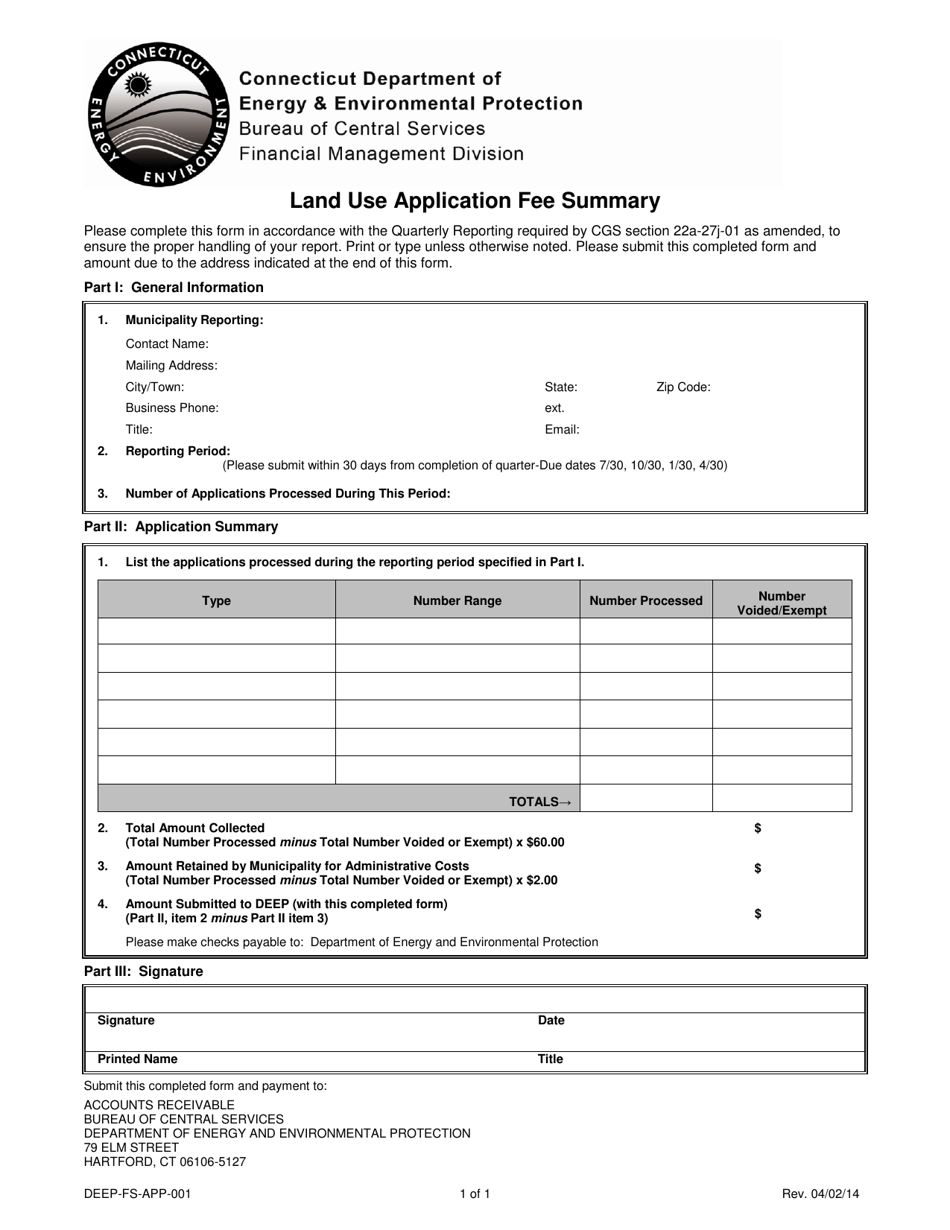 Form DEEP-FS-APP-001 Land Use Application Fee Summary - Connecticut, Page 1