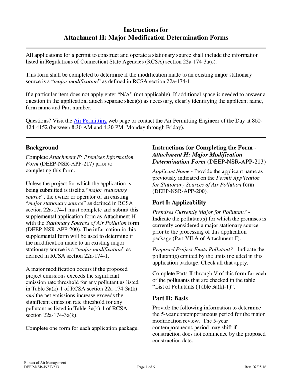 Instructions for Form DEEP-NSR-APP-213 Attachment H Major Modification Determination Form - Connecticut, Page 1