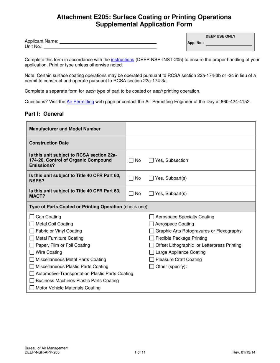 Form DEEP-NSR-APP-205 Attachment E-205 Surface Coating or Printing Operations Supplemental Application Form - Connecticut, Page 1