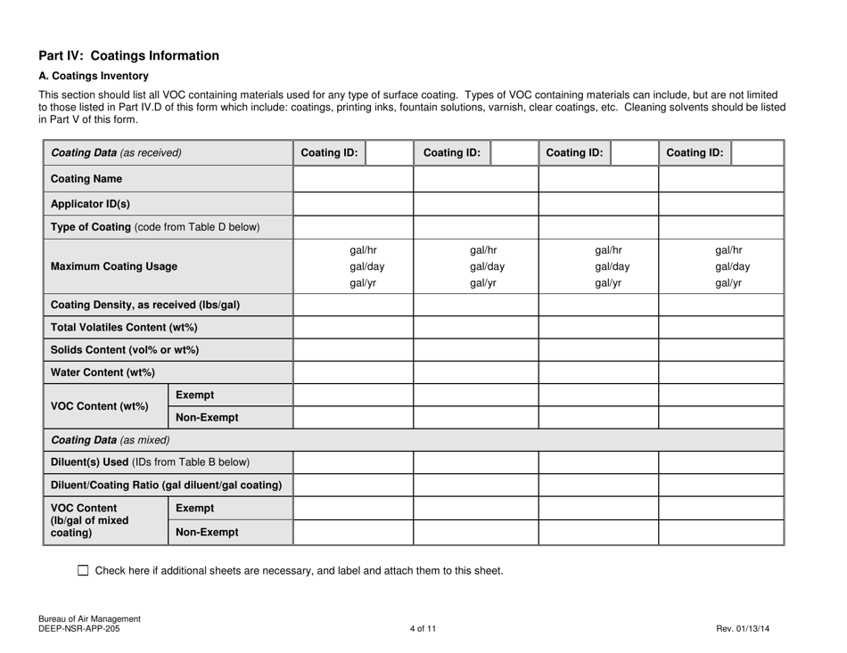 Form DEEP-NSR-APP-205 Attachment E-205 Surface Coating or Printing Operations Supplemental Application Form - Connecticut, Page 4