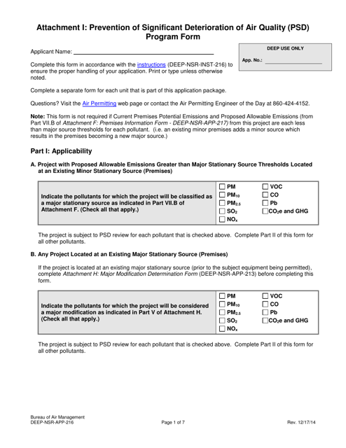Form DEEP-NSR-APP-216 Attachment I Prevention of Significant Deterioration of Air Quality (Psd) Program Form - Connecticut