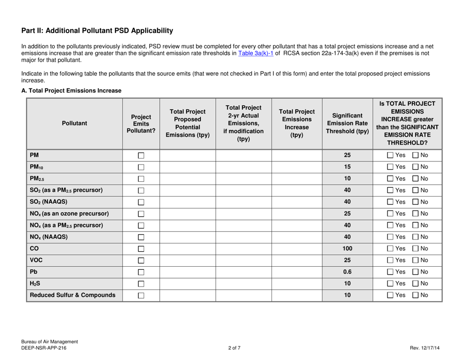 Form DEEP-NSR-APP-216 Attachment I Prevention of Significant Deterioration of Air Quality (Psd) Program Form - Connecticut, Page 2