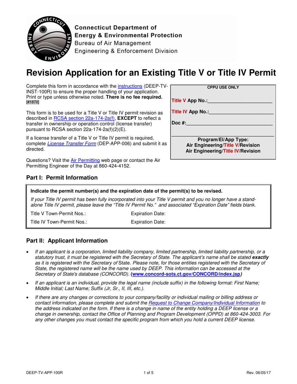 Form DEEP-TV-APP-100R Revision Application for an Existing Title V or Title IV Permit - Connecticut, Page 1
