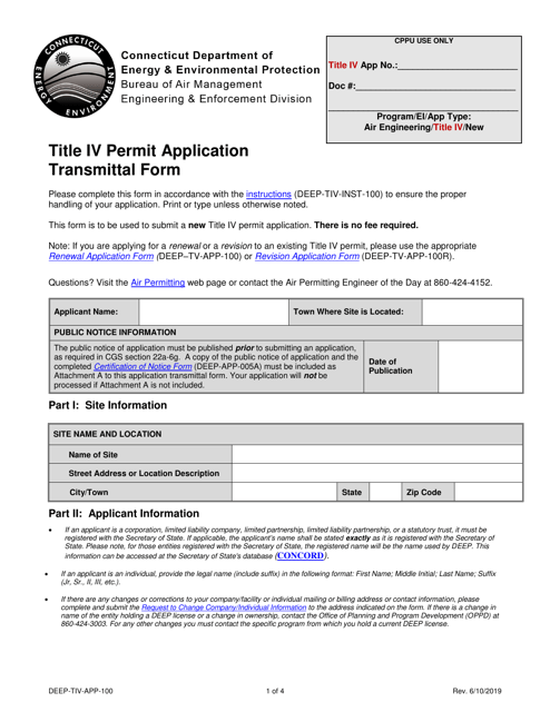Form DEEP-TIV-APP-100 Title IV Permit Application Transmittal Form - Connecticut