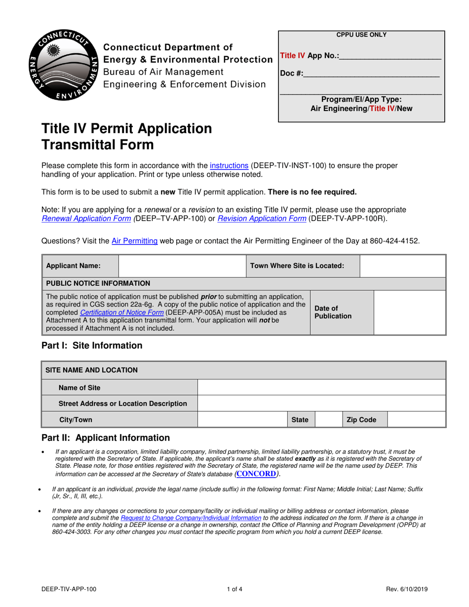 Form DEEP-TIV-APP-100 Title IV Permit Application Transmittal Form - Connecticut, Page 1