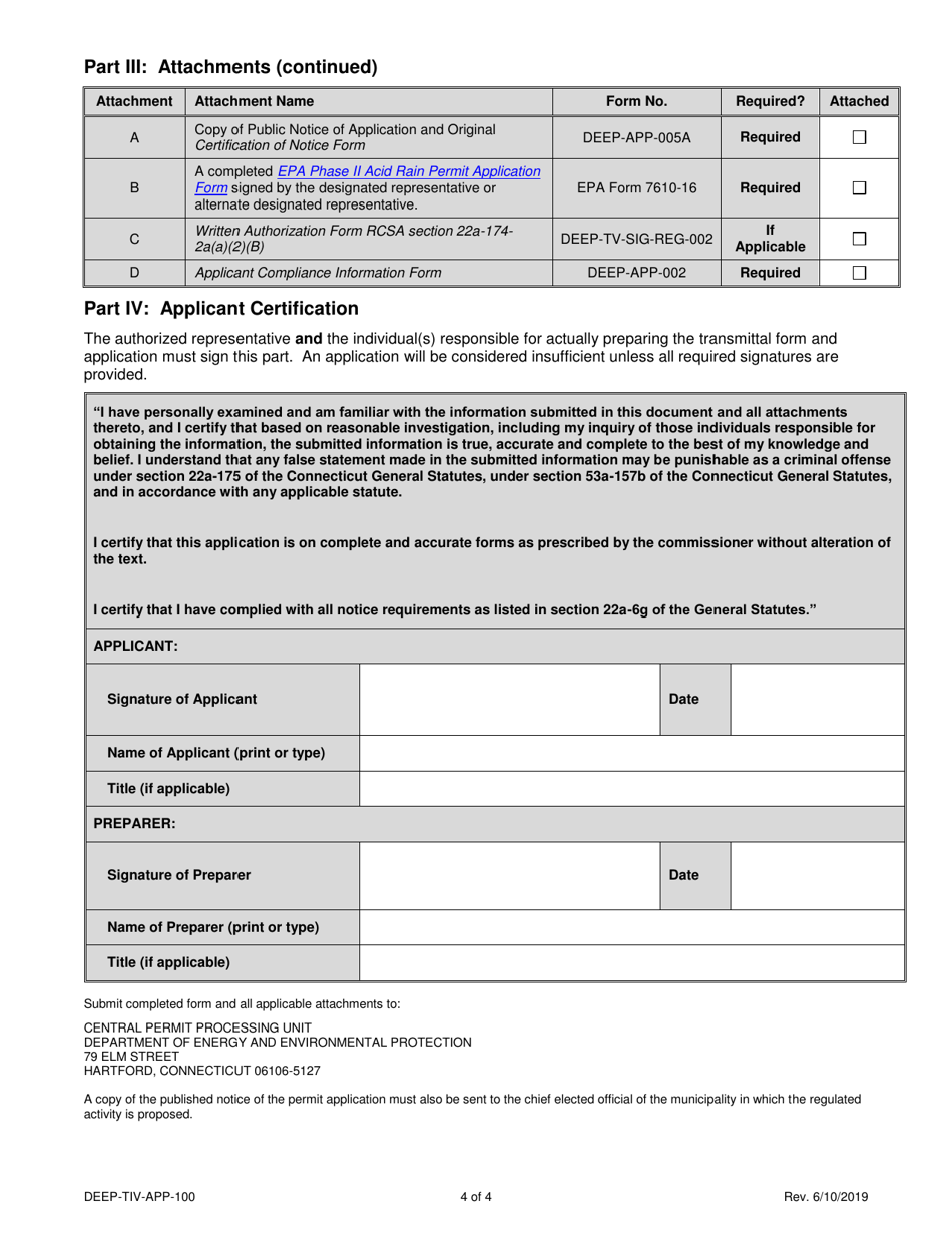 Form DEEP-TIV-APP-100 Title IV Permit Application Transmittal Form - Connecticut, Page 4