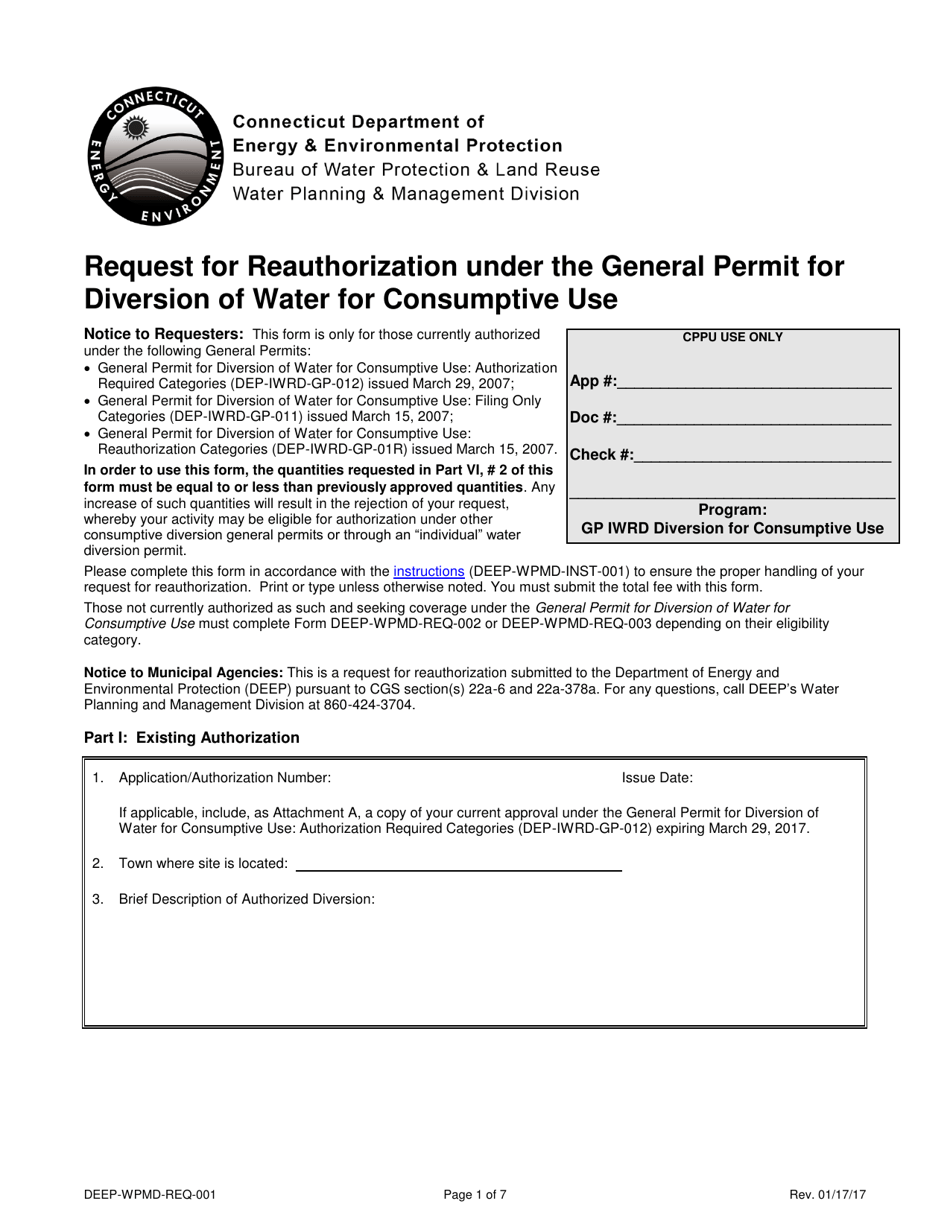 Form DEEP-WPMD-REQ-001 Request for Reauthorization Under the General Permit for Diversion of Water for Consumptive Use - Connecticut, Page 1